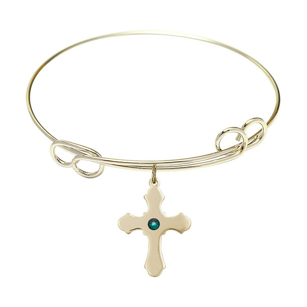Cross Charm On A 7 1/2 Inch Round Double Loop Bangle Bracelet 